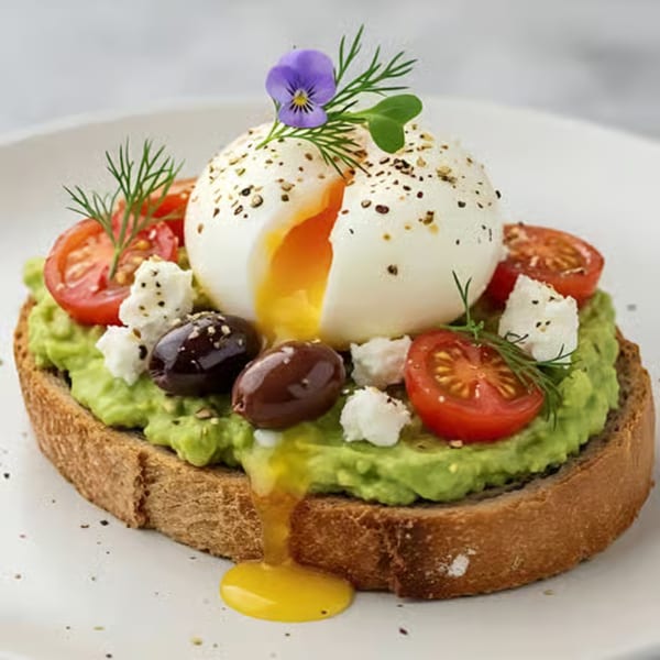 Avocado toast with a runny poached egg, cherry tomatoes, olives, feta, and dill.