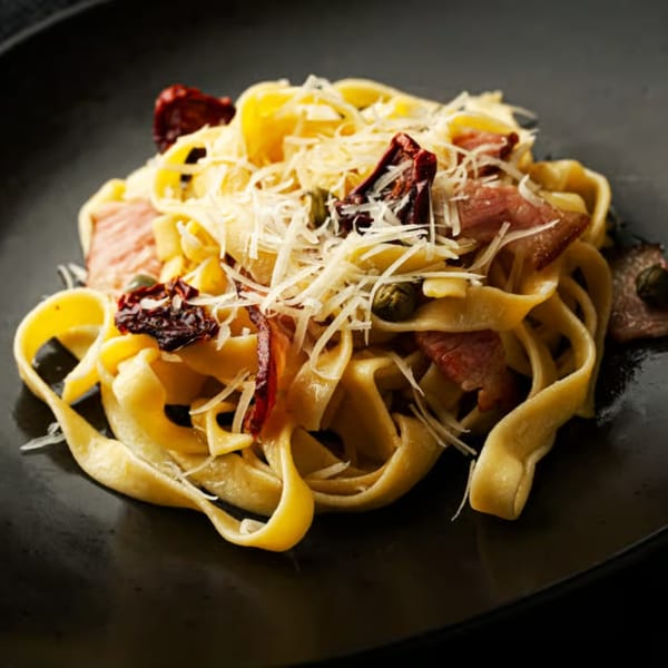 Trento Gourmet Deli Catering's pasta dish with sun-dried tomatoes, capers, bacon, and shredded cheese.
